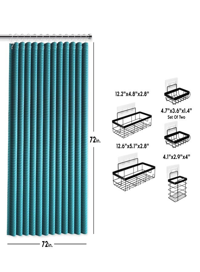 كلارا كلارك طقم ستارة حمام كلارا كلارك باللون الأزرق المخضر مع رف تعليق أسود - ستائر حمام قماشية ورفوف حمام من الفولاذ المقاوم للصدأ، أطقم ستائر حمام مع رف زاوية للحمام - Image 3
