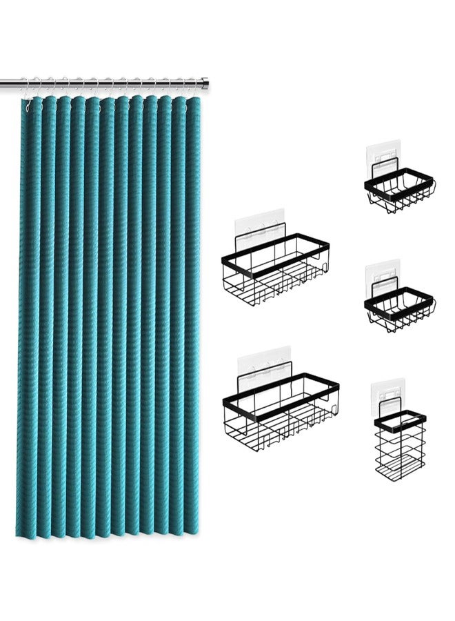 كلارا كلارك طقم ستارة حمام كلارا كلارك باللون الأزرق المخضر مع رف تعليق أسود - ستائر حمام قماشية ورفوف حمام من الفولاذ المقاوم للصدأ، أطقم ستائر حمام مع رف زاوية للحمام - Image 1