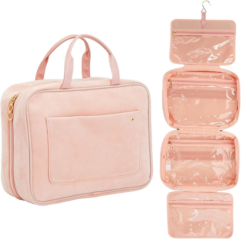 Glamlily Large Roll Up Hanging Toiletry Bag For Women, Pastel Pink Makeup Travel Organizer with S Hook for Cosmetics, Hair Accessories, Razors (13x4.5x9.75 In)