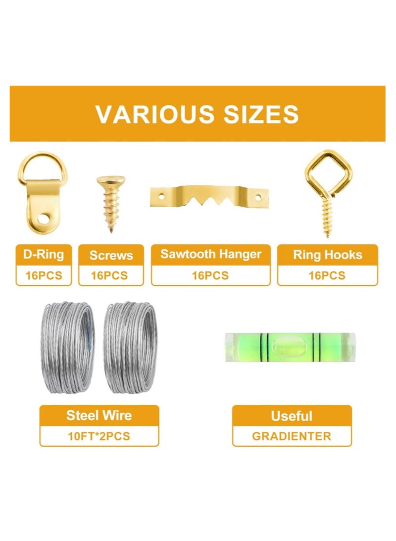ZFHDBM 303Pcs Picture Hanging Kit, Picture Hangers Assorted Kit with Heavy Duty Picture Hanging Hooks/Hardware Nails/Sawtooth/Wire/D Rings/Level, Metal Picture Wall Hooks for Frame Canvas Mounting - Image 3