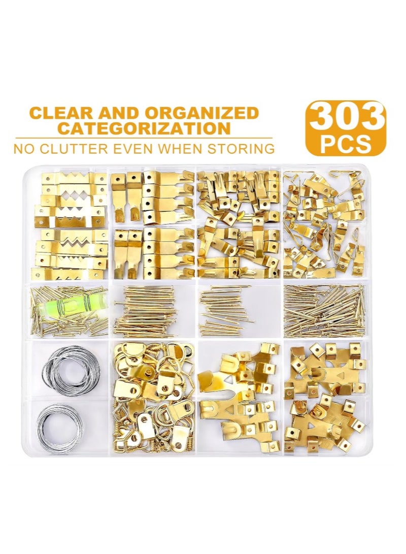ZFHDBM 303Pcs Picture Hanging Kit, Picture Hangers Assorted Kit with Heavy Duty Picture Hanging Hooks/Hardware Nails/Sawtooth/Wire/D Rings/Level, Metal Picture Wall Hooks for Frame Canvas Mounting - Image 1