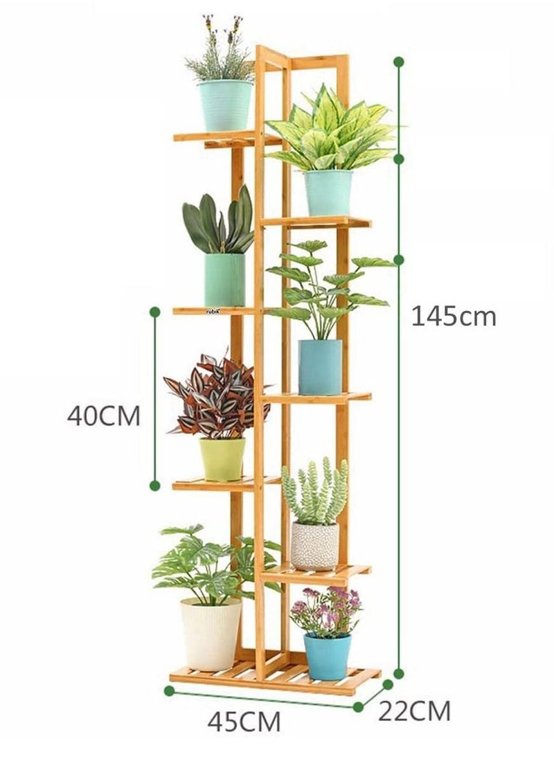 Rubik - Plant Stand 7 Tier Bamboo Flowers Pots Stand for Indoor Outdoor Balcony Living Room Patio Home Décor Multi Shelf Display Rack (45x22x145cm Beige) - Image 1