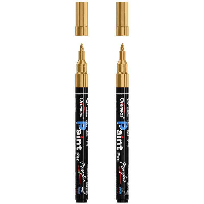 Overseas Gold Acrylic Paint Pens 2 Pack, 0.7mm Extra Fine Tip Metallic Permanent Markers, Water-Based, Waterproof, Non Toxic Paint Markers for Wood, Metal, Rock, Plastic, Glass, Canvas, Fabric - Image 1