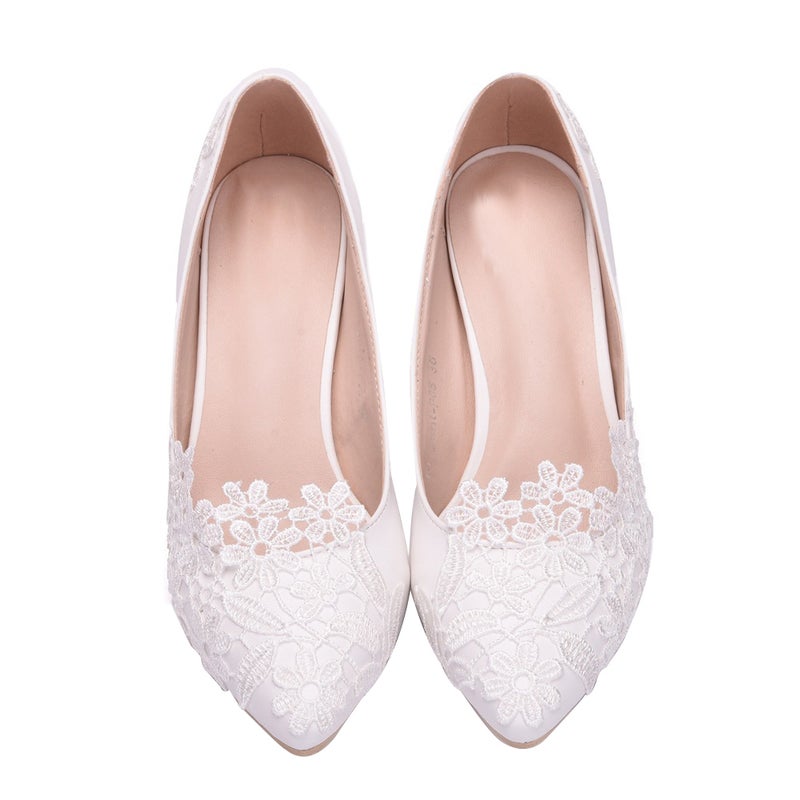 1 Pair Lace High-heeled Shoes Bride Wedding High Heels (White) - Image 5
