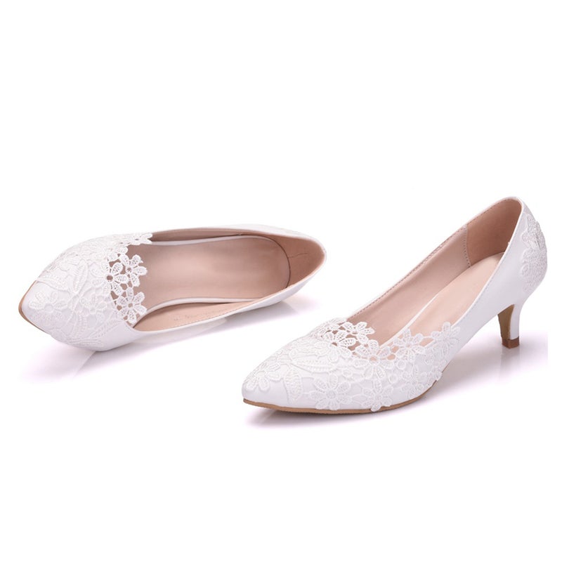 1 Pair Lace High-heeled Shoes Bride Wedding High Heels (White) - Image 1
