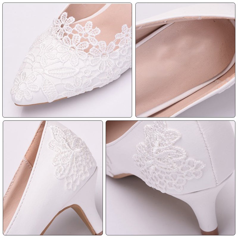 1 Pair Lace High-heeled Shoes Bride Wedding High Heels (White) - Image 2