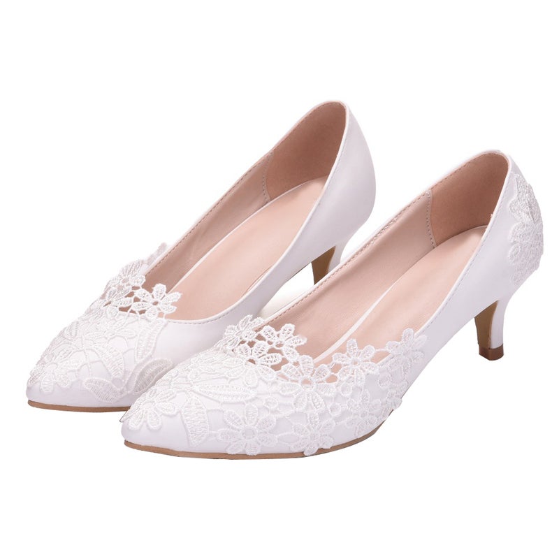 1 Pair Lace High-heeled Shoes Bride Wedding High Heels (White) - Image 4