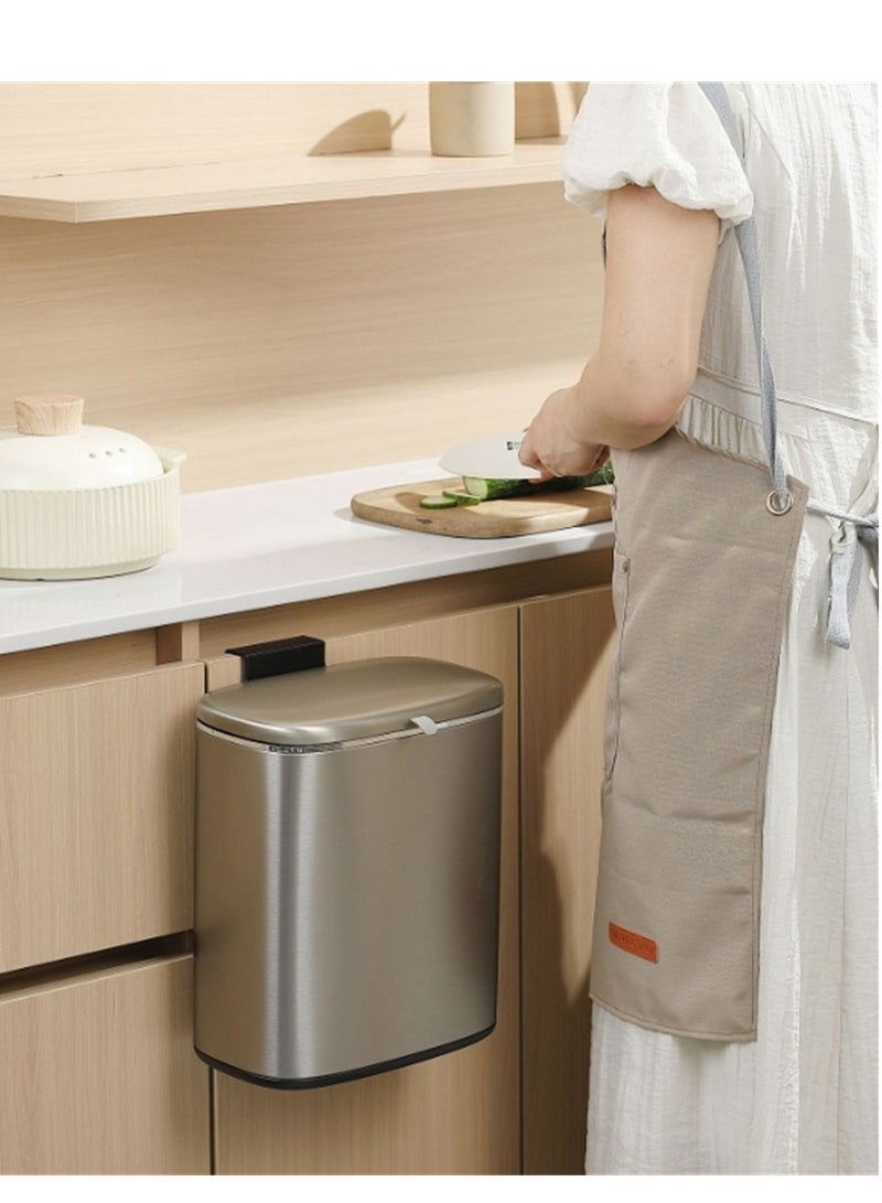 5L Trash Can, Stainless Steel Kitchen Hanging Trash Bin with Slide Open and Semi-Automatic Lid, Kitchen Smudge Resistant Dustbin with Inner Bucket and Hooks (5L- Silver)  - Image 1