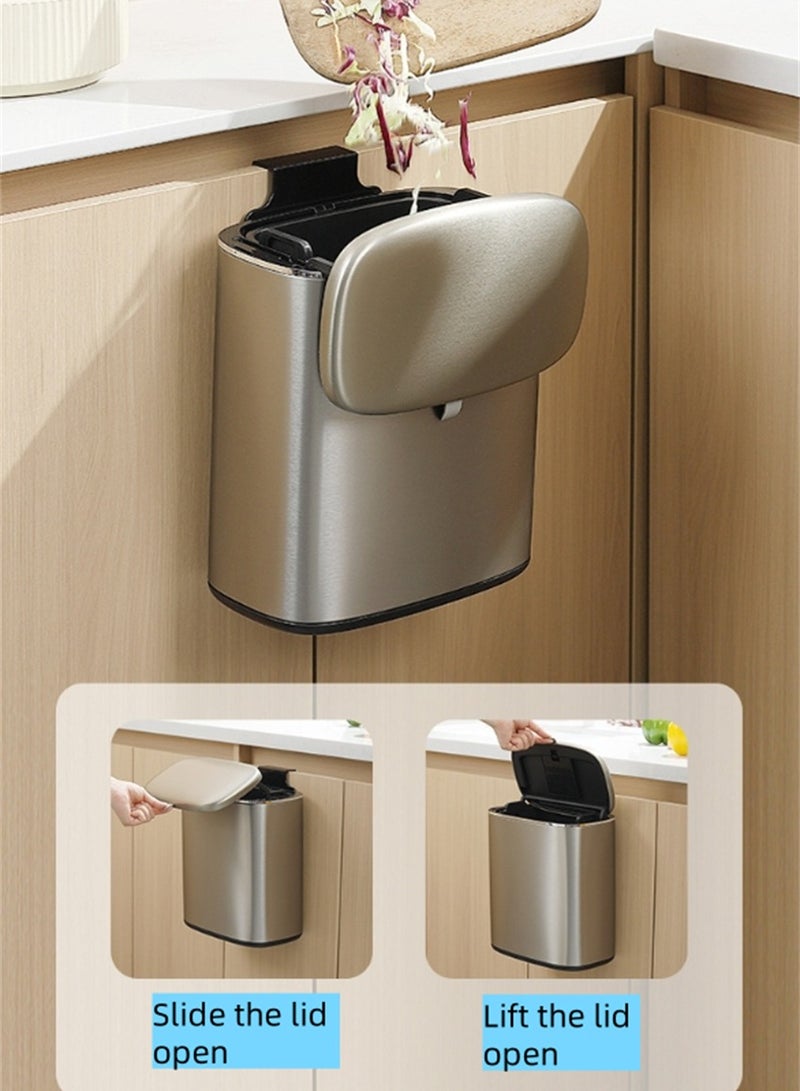 5L Trash Can, Stainless Steel Kitchen Hanging Trash Bin with Slide Open and Semi-Automatic Lid, Kitchen Smudge Resistant Dustbin with Inner Bucket and Hooks (5L- Silver)  - Image 2