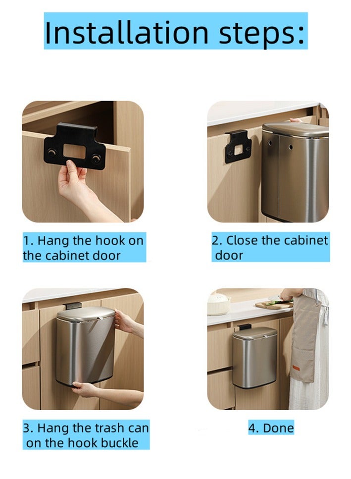 5L Trash Can, Stainless Steel Kitchen Hanging Trash Bin with Slide Open and Semi-Automatic Lid, Kitchen Smudge Resistant Dustbin with Inner Bucket and Hooks (5L- Silver)  - Image 3