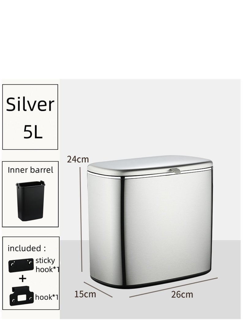 5L Trash Can, Stainless Steel Kitchen Hanging Trash Bin with Slide Open and Semi-Automatic Lid, Kitchen Smudge Resistant Dustbin with Inner Bucket and Hooks (5L- Silver)  - Image 4