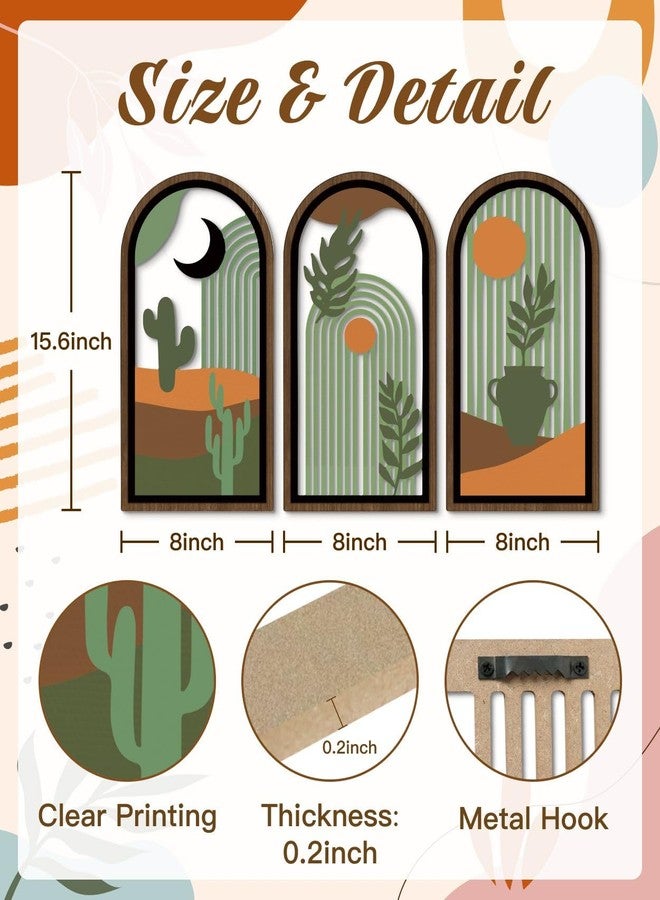 Putuo Decor Boho Wall Art Set of 3 Modern Minimalist Wooden Wall Decor Abstract Cactus Decor Room Decorations Mid Century Artwork for Living Room Bedroom Office in Desert Green 16.5 x 8.6 Inch - Image 3