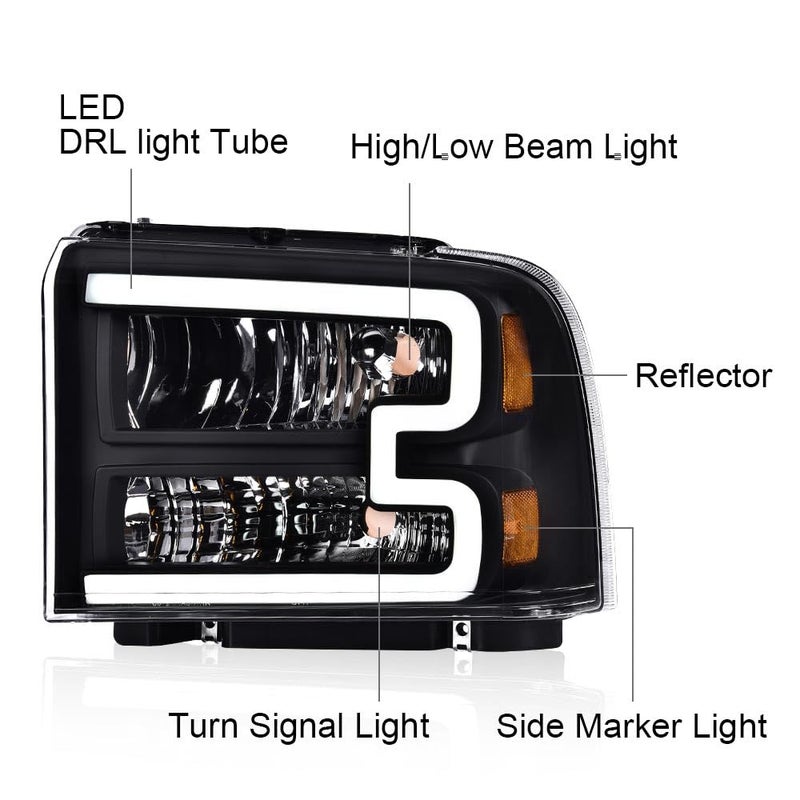 PIT66 LED Headlight Assembly Compatible with 2005-2007 Ford F250 F350 F450 F550 Super Duty /2005 Excursion (Not Fit Sealed Beam Headlight model) Headlamp Clear Lens Black Housing Amber Reflector - Image 4