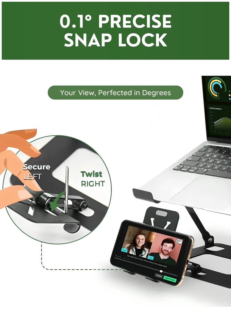 2-in-1 Adjustable Laptop Stand with Phone Holder – Foldable Aluminum Laptop Riser for Desk, Portable Ergonomic Notebook Stand with Cooling Vent & Silicone Pads for 10-17.3 Inch MacBook, Laptop & Tablet - Image 3