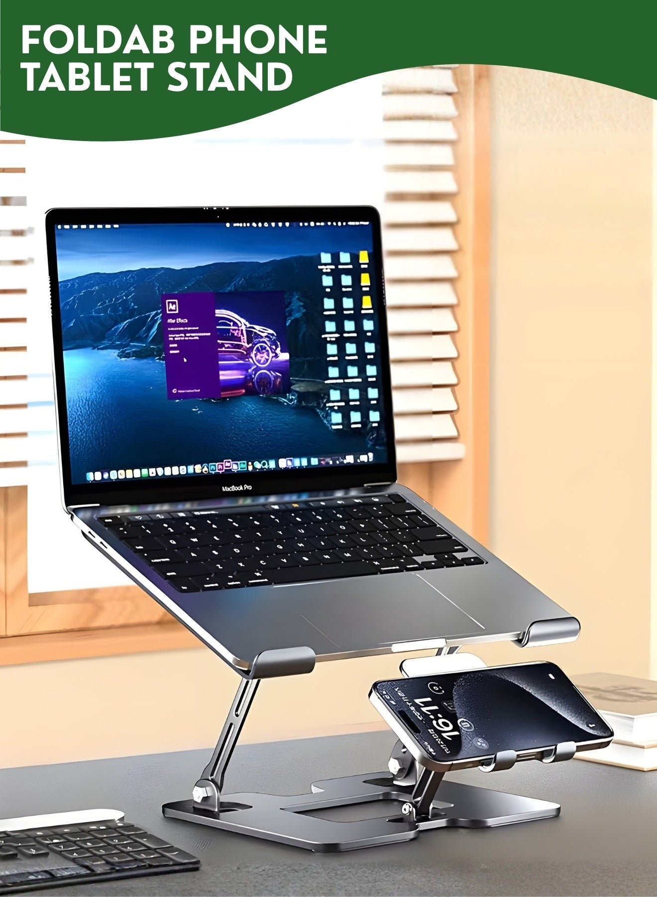 2-in-1 Adjustable Foldable Laptop Stand with Phone Holder – Aluminum Ergonomic Laptop Riser, Portable Notebook Stand for MacBook, Laptop, Tablet, iPad & Mobile Phone, Desk Organizer Silver