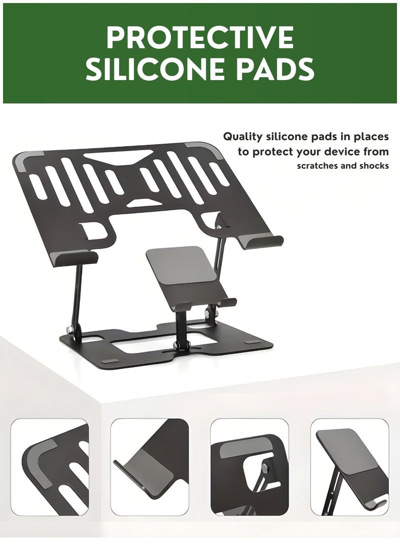 SHOELAY 2-in-1 Adjustable Foldable Laptop Stand with Phone Holder – Aluminum Ergonomic Laptop Riser, Portable Notebook Stand for MacBook, Laptop, Tablet, iPad & Mobile Phone, Desk Organizer Silver - Image 3
