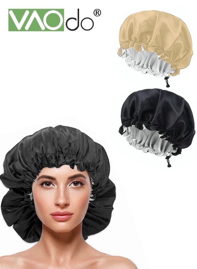 VAOdo 2PCS Waterproof Shower Cap Satin Bonnet Double Layer Sleeping Beanie Reversible Adjustable Reusable Bathing Hair Cap (Black/Gold)  - Image 1
