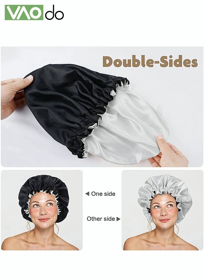 VAOdo 2PCS Waterproof Shower Cap Satin Bonnet Double Layer Sleeping Beanie Reversible Adjustable Reusable Bathing Hair Cap (Black/Gold)  - Image 2
