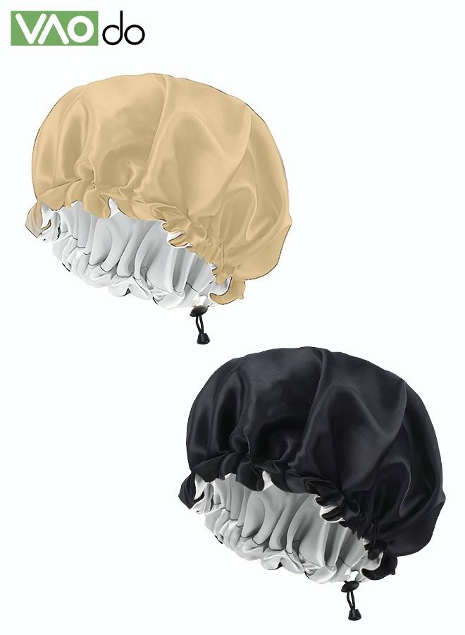 VAOdo 2PCS Waterproof Shower Cap Satin Bonnet Double Layer Sleeping Beanie Reversible Adjustable Reusable Bathing Hair Cap (Black/Gold)  - Image 4
