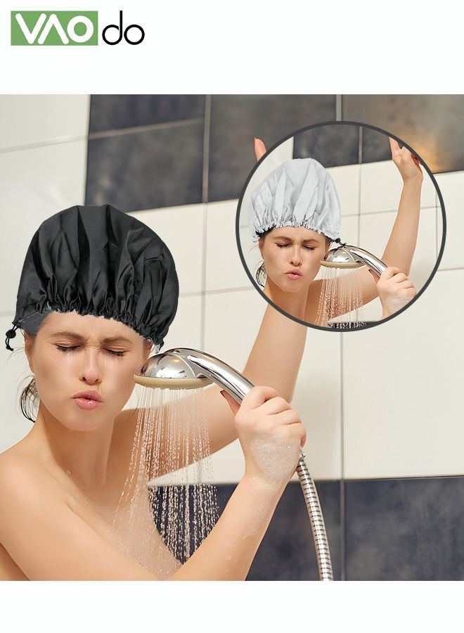 VAOdo 2PCS Waterproof Shower Cap Satin Bonnet Double Layer Sleeping Beanie Reversible Adjustable Reusable Bathing Hair Cap (Black/Gold)  - Image 5