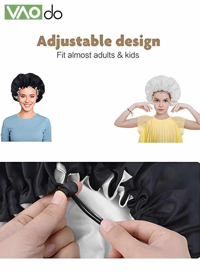 VAOdo 2PCS Waterproof Shower Cap Satin Bonnet Double Layer Sleeping Beanie Reversible Adjustable Reusable Bathing Hair Cap (Black/Gold)  - Image 3