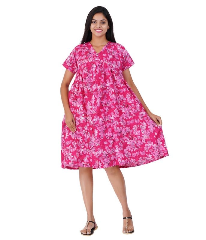 MENMAII Women's Pleated/AliaCut (L to 4XL)- Front Open/Button Down/Maternity/Feeding/Elderly/Hospital Use Short Length Dress -[Dark Pink ] - Image 1