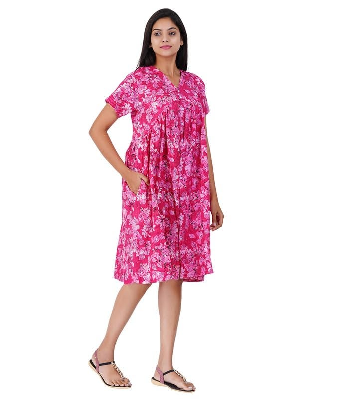 MENMAII Women's Pleated/AliaCut (L to 4XL)- Front Open/Button Down/Maternity/Feeding/Elderly/Hospital Use Short Length Dress -[Dark Pink ] - Image 5