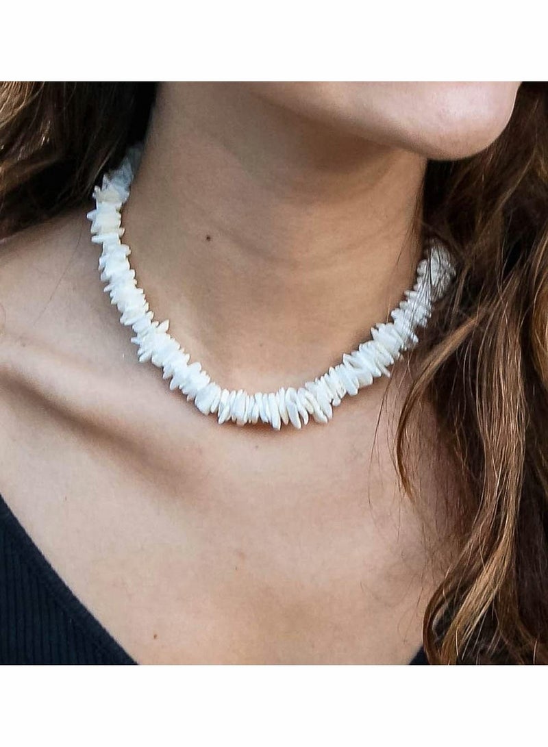 KASTWAVE Puka Shell Necklace, 2 Pcs Boho Cowrie Shell Choker White Clam Chip Surfer Necklaces, Beach Puka Seashell Necklaces with Extended Chain Adjustabale Weave Jewelry for Women Men Girls Boys - Image 1