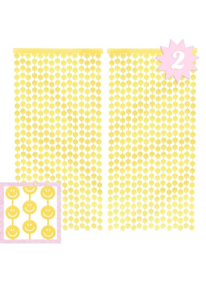 إكس أو مجموعة ستائر مبتسمة من رقائق الفويل لتزيين الحفلات مكونة من 2 زينة لحفلات أعياد الميلاد الباستيل السعيدة وحفلات توديع العزوبية وحفلات استقبال المولود باللون الأصفر - Image 1