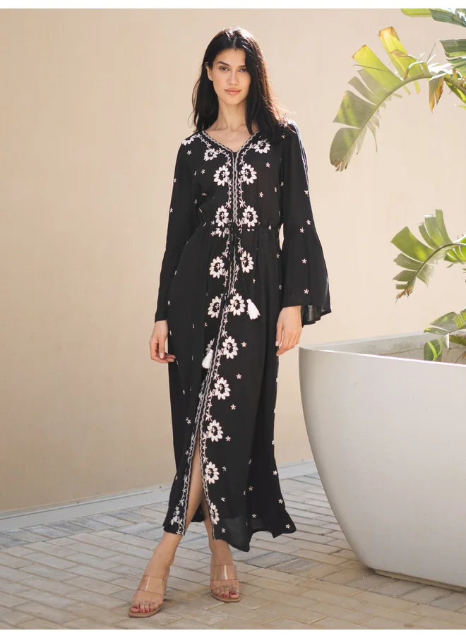 sanskrutihomes Sanskrutihomes Floral Print V Neck A-Line Midi Dress with Tie Waist