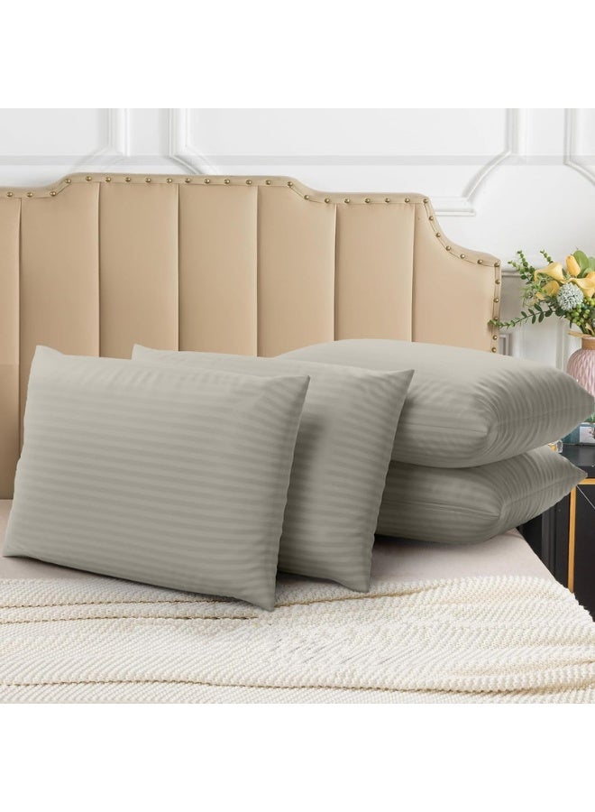 Hotel Linen Klub عبوة من 4 أغطية وسائد قياسية - قطن فاخر 100% 250TC ساتين بتصميم شريط أنيق بعرض 1 سم، الحجم: 50 × 75 سم، كريمي ناعم لمسة من الأناقة في غرفة نومك - Image 2