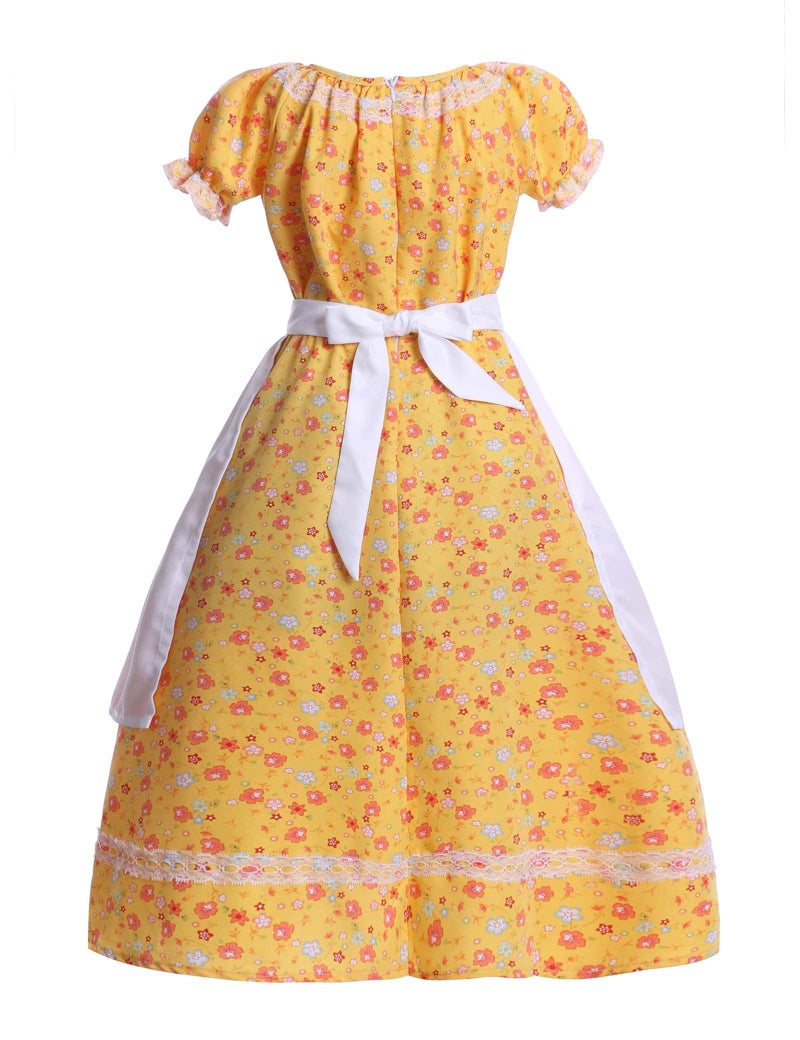 Vibsion Girls Pioneer Prairie Costume Pilgrim Dress Kids Floral Colonial Village Girl Costumes Bonnet Apron Set - Image 2