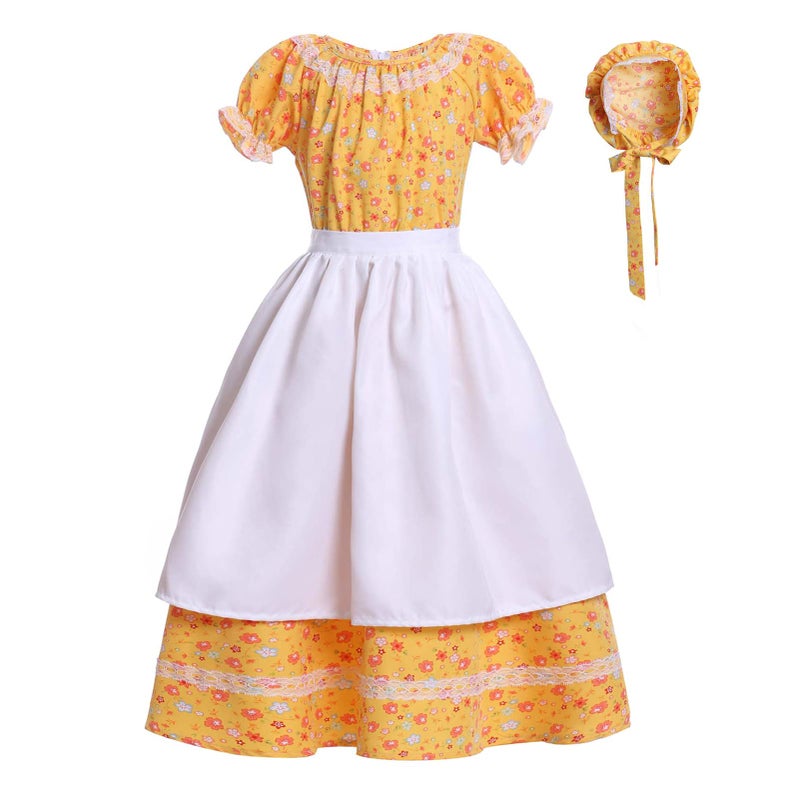 Vibsion Girls Pioneer Prairie Costume Pilgrim Dress Kids Floral Colonial Village Girl Costumes Bonnet Apron Set - Image 4