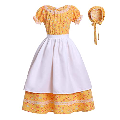 Vibsion Girls Pioneer Prairie Costume Pilgrim Dress Kids Floral Colonial Village Girl Costumes Bonnet Apron Set - Image 1