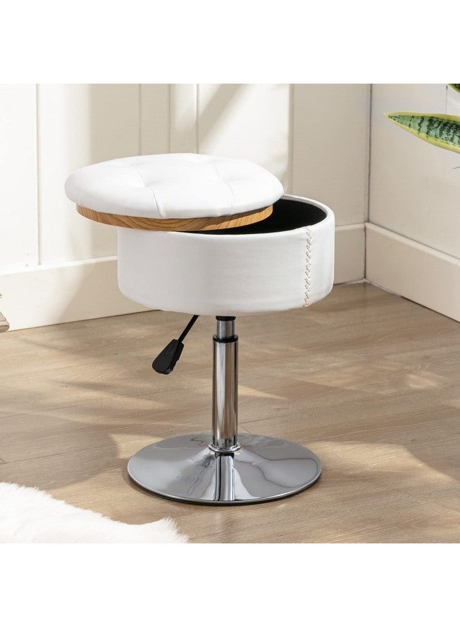 LUE BONA Adjustable Vanity Stool, Round Leather Storage Vanity Chair for Makeup Room, LUE BONA Tufted Swivel Makeup Chair Makeup Stool Ottoman for Bathroom, Living Room(White)  - Image 1