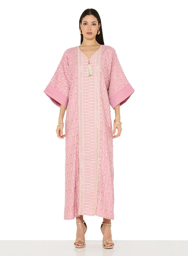 Thouq Pink Maxi A-Line Embroidered Jalabiya with Tassel Detail