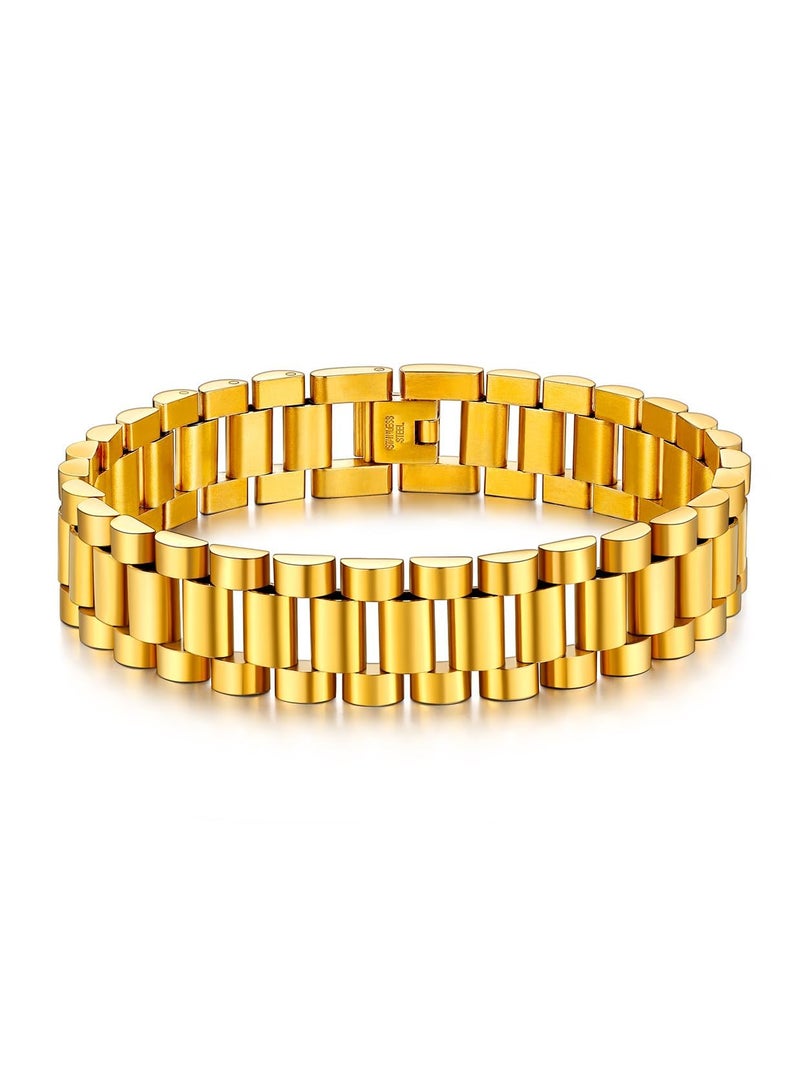 U7 Men Wrist Bracelet with Chain Detaching Device, 18K Gold Plated 15MM Wide Cool Watchband Link Masculine Bracelets Adjustable Length 20-22CM - Image 1