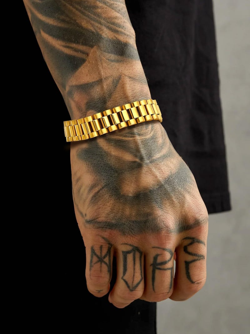 U7 Men Wrist Bracelet with Chain Detaching Device, 18K Gold Plated 15MM Wide Cool Watchband Link Masculine Bracelets Adjustable Length 20-22CM - Image 2