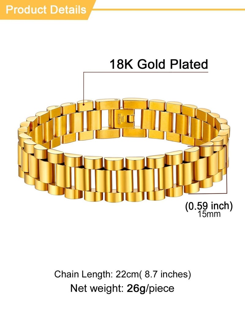 U7 Men Wrist Bracelet with Chain Detaching Device, 18K Gold Plated 15MM Wide Cool Watchband Link Masculine Bracelets Adjustable Length 20-22CM - Image 5