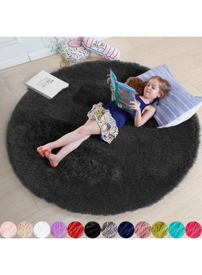 Soofam Black Round Fluffy Carpet - 4'X4' Circle Rug for Kids, Teen's & Baby's Room - Shaggy Plush Fuzzy Rug for Dorm & Nursery - Cute Decor - Image 1