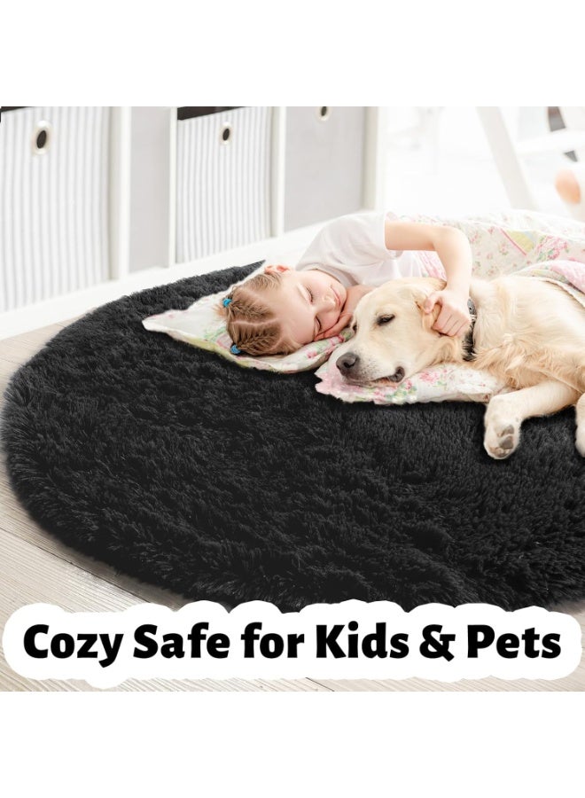 Soofam Black Round Fluffy Carpet - 4'X4' Circle Rug for Kids, Teen's & Baby's Room - Shaggy Plush Fuzzy Rug for Dorm & Nursery - Cute Decor - Image 2