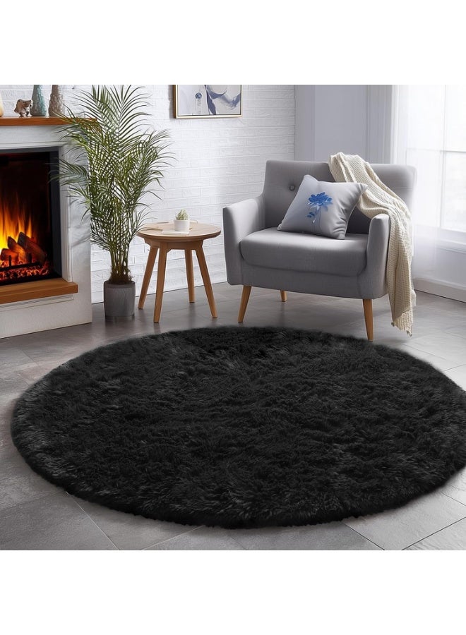 Soofam Black Round Fluffy Carpet - 4'X4' Circle Rug for Kids, Teen's & Baby's Room - Shaggy Plush Fuzzy Rug for Dorm & Nursery - Cute Decor - Image 4