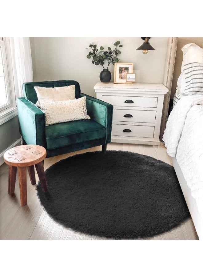 Soofam Black Round Fluffy Carpet - 4'X4' Circle Rug for Kids, Teen's & Baby's Room - Shaggy Plush Fuzzy Rug for Dorm & Nursery - Cute Decor - Image 5