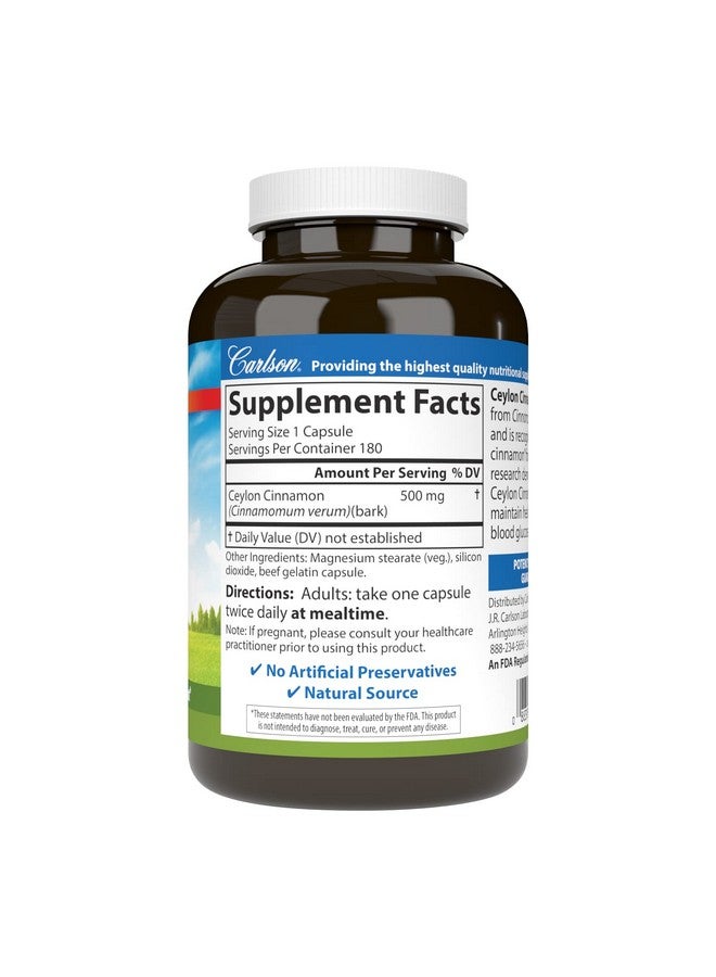 Carlson كارلسون - قرفة سيلان، مكملات القرفة، 500 ملغ، أقراص مستخلص القرفة، كبسولات قرفة سيلان، 180 كبسولة - Image 2