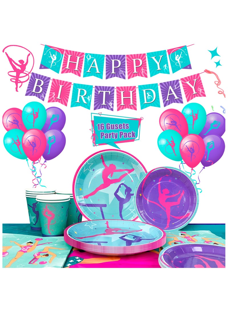 FRUITFUL PARTY Gymnastics Birthday Party Decorations for 16 Guests, Gymnastics Party Disposable Tableware Kit Gymnastics Plates and Napkins Cups Tablecloth Balloons Banner - Image 1