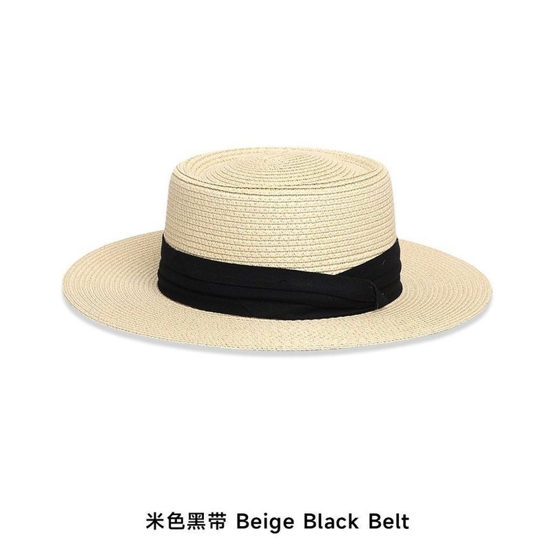 New French Flat Top Hat for Women - Large Size Beach Holiday Sun Hat with Wide Brim