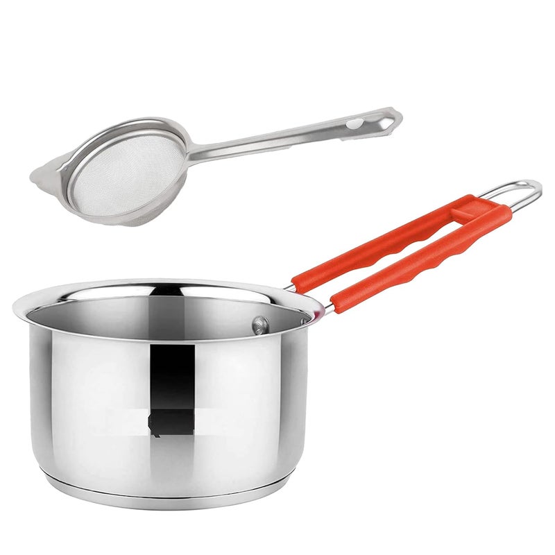 IDEAL PRIME Heavy Gauge Stainlesss Steel Saucepan Induction Bottom Tea Strainer Combo Durable Steel Milk Pan Team Pan Patila Tapeli Chai Channi Cookware Pack of 2 - Image 1