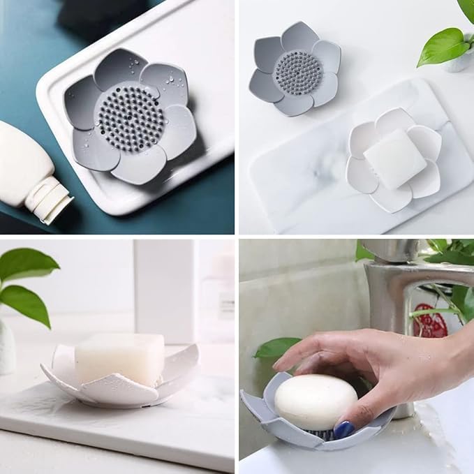 black sparrow black sparrow 2pcs Lotus Flower Shape Soap Dish Holder Soap Saver with Drain Holes Silicone Unbreakable Soap Case for Bathroom and Kitchen  - Image 4