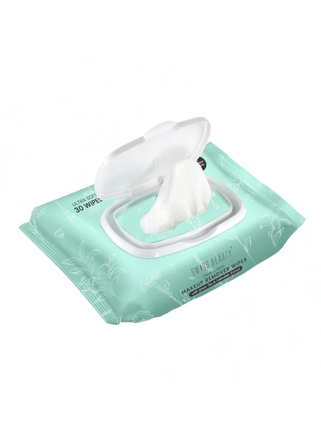 سويس بيوتي Clean & Glow Makeup Remover Wipes | With Green Tea And Calendula Extracts| Cleansing And Hydrating Facial Wipes| 30 Wipes