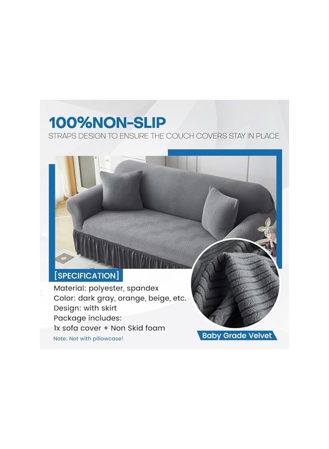 The Bros Sofa Cover with Skirt, Stretch Sofa Slipcover Spandex Non-Slip Soft Couch Covers, Washable Furniture Protector with Anti-Skid Foam and Thick Elastic Cord for Kids (Dark Gray, 4 Seater) - Image 4